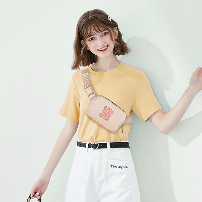 Gitus Belt Bag Fanny Pack Crossbody Bags with Initial Letter Patch Cute Stuff Birthday Gifts for Teenager Girls Trendy Preppy Stuff for Teen Girls(Beige-H)