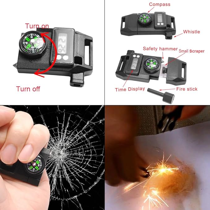 5/8 Inch Compass Flint Scraper Fire Starter Whistle Buckle Paracord Bracelet Outdoor Camping Emergency Survival Travel Kits