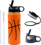 18 oz Basketball Water Bottle, Sports Cup Flask Metal Travel Mug with 2 Lids, Stainless Steel Double Wall Vacuum Leak Proof Insulated Water Bottles, Basketball Accessories Stuff Gifts for Boys Girls