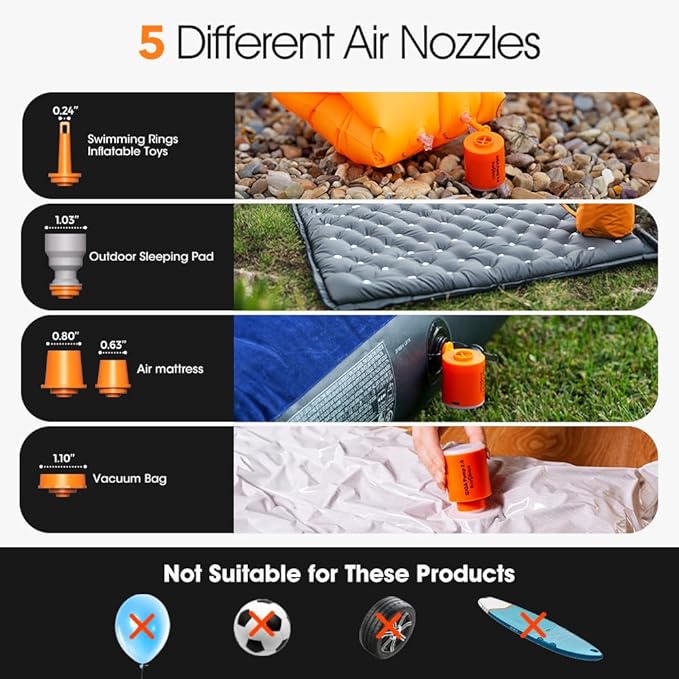 Portable Air Pump for Inflatables, Ultra-Light 2.8oz Rechargeable Mini Air Mattress Pump with Camping Light, Inflate Deflate for Air Mattress,Pool Floats, Vacuum Storage Bags