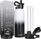 Water Bottle Insulated 32oz 40oz 64oz 128oz Straw Lid Spout Lid & 3 Lids, Leak Proof, Vacuum Insulated,Stainless Steel Water Bottle Wide Mouth for Sports, Gym or Office