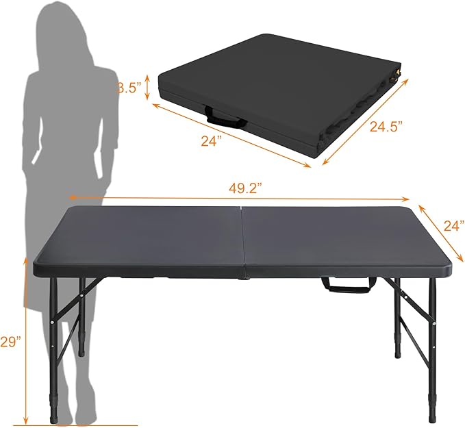 4 FT Folding Table with Carry Handle, Portable Fold-in-Half Plastic Table, Rectangle Foldable Table for Indoor/Outdoor Black