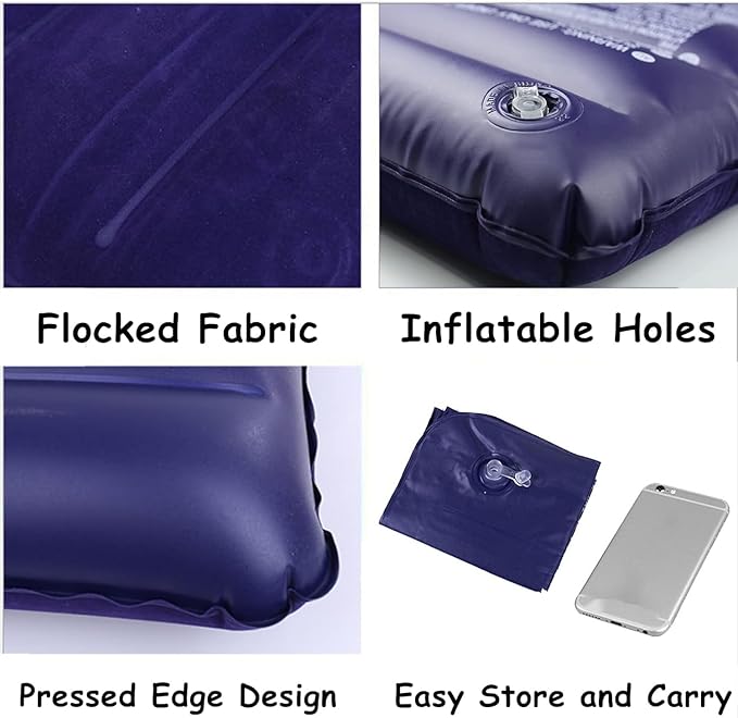 2 Pack Purple Ultralight Inflatable Camping Pillow Squared Flocked Fabric Air Pillow for Beach,Hiking,Camping,Traveling,Napping,Desk Rest,Neck Lumbar Support