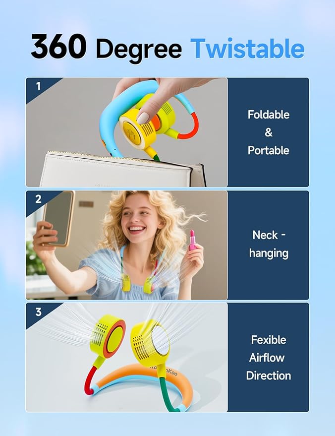 Portable Neck Fan, Hand-Free Fan, 5 Speeds, Foldable, Twistable, Lightweight, Rapid Cooling, Fashion, Quiet, Rechargeable, Summer Gift (Light Blue Green)