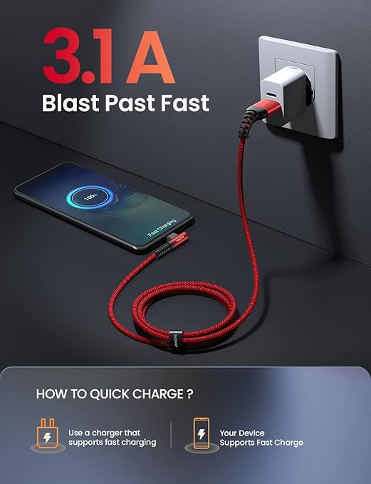 USB C Cable [2 Pack 1.6FT] Fast Charger Type C 3.1A Right Angle Nylon Braided USB Type C Cable Compatible with Galaxy Note 10 9 A51, S22 S21 S10 LG G8 G7 Charging Cord