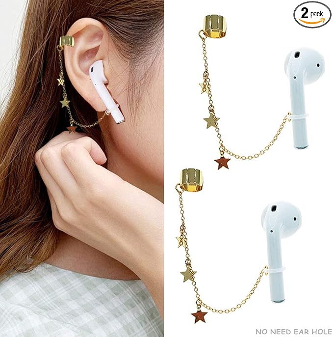 ZOSTLAND 1 Pair Creative Earphone Anti Lost Earring Clip Earclip Strap Wireless Earhook Earbud Ear Bud Holder Connector Compatible with Airpods 1/2/Pro/3 Beats Fit Pro Sony (Star Gold)