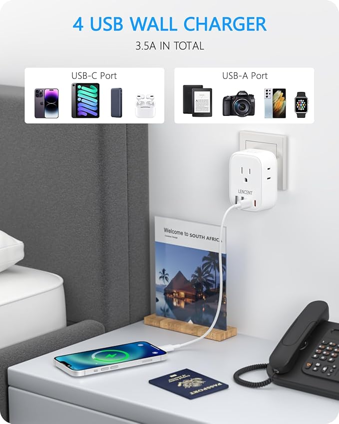 LENCENT South Africa Plug Adapter, Type M Adapter For South Africa with 4 American Outlets, 4 USB Ports(2 USB C), Type M Plug Converter for US to Bhutan Botswana Namibia Lesotho Nepal Sri Lanka