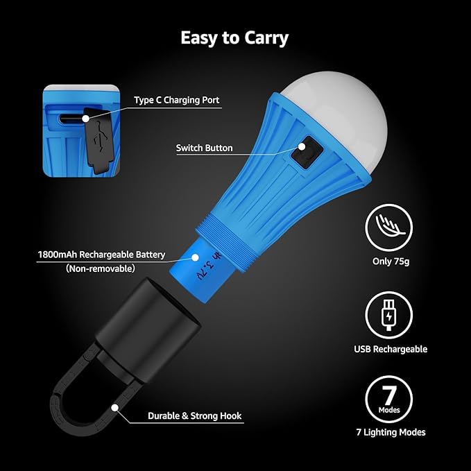 Lepro LED Rechargeable Camping Lantern, 7 White and RGB Light Modes, Camping Essentials, Hanging Light Bulbs with Clip Hook for Camping, Christmas, Decorations, Emergency, USB Cable Included, 2 Packs