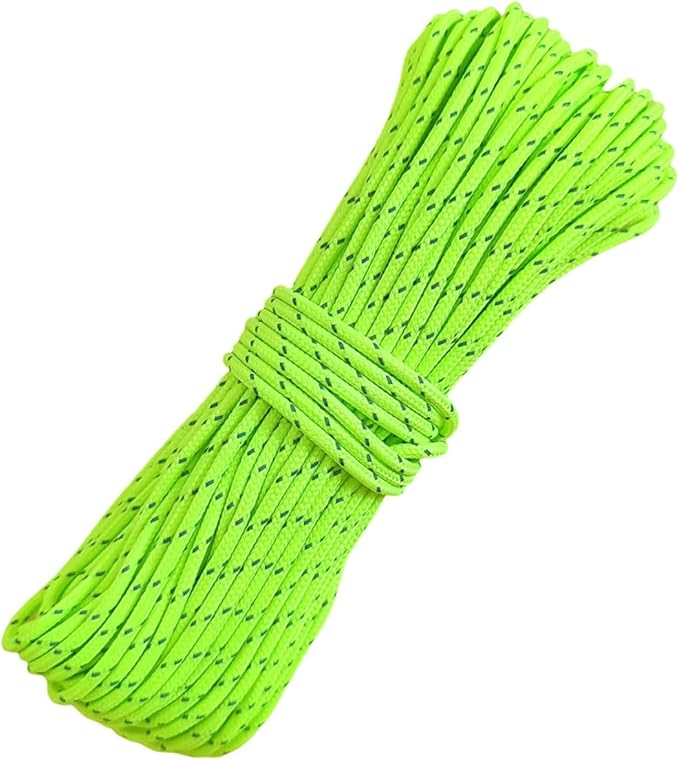 2mm Fluorescent Reflective Guyline Camping Paracord, Ultralight Thin Cord Rope for Tarp Rain Fly Tent Camping, 65 Feet (Green)