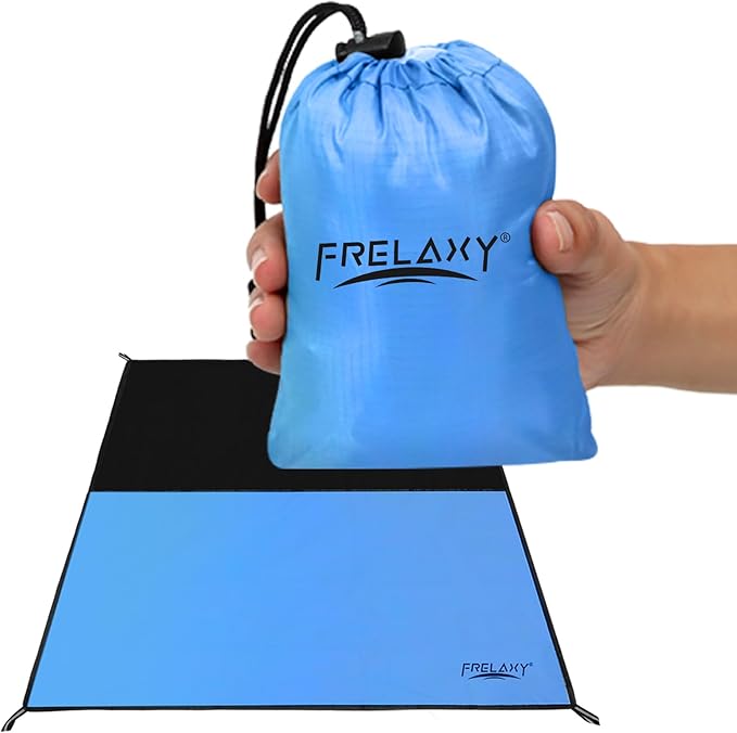 Frelaxy Pocket Picnic Blanket, Waterproof Sandproof Beach Mat, Compact Camping Tarp for Festivals, Hiking, Travel, Outdoor Recreation (Blue, 57'' x 71'')