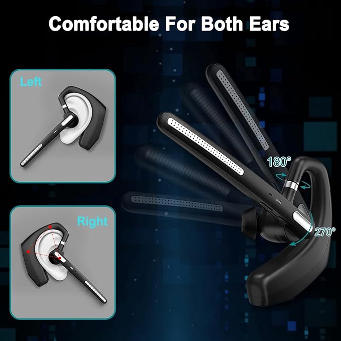 CANDEO Bluetooth Headset, Wireless Bluetooth Earpiece Hands-Free Earphones with Built-in Mic for Driving/Business/Office, Compatible with iPhone and Android
