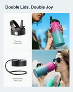 BUZIO Insulated Water Bottle with Straw Lid and Flex Cap, 32oz Double Wall Vacuum Stainless Steel Thermo with Wide Mouth Lid, Cold 48 Hrs Hot 24 Hrs Sweat Proof Flask, Rose and Green