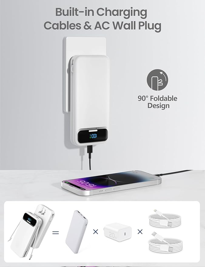 12000mAh Lightweight-Portable-Charger-Power-Bank with Built-in Cables and AC Wall Plug, PD20W USB-C Fast Charging Battery Pack, LED Display External Travel Phone Charger for All iPhone,Samsung,Android