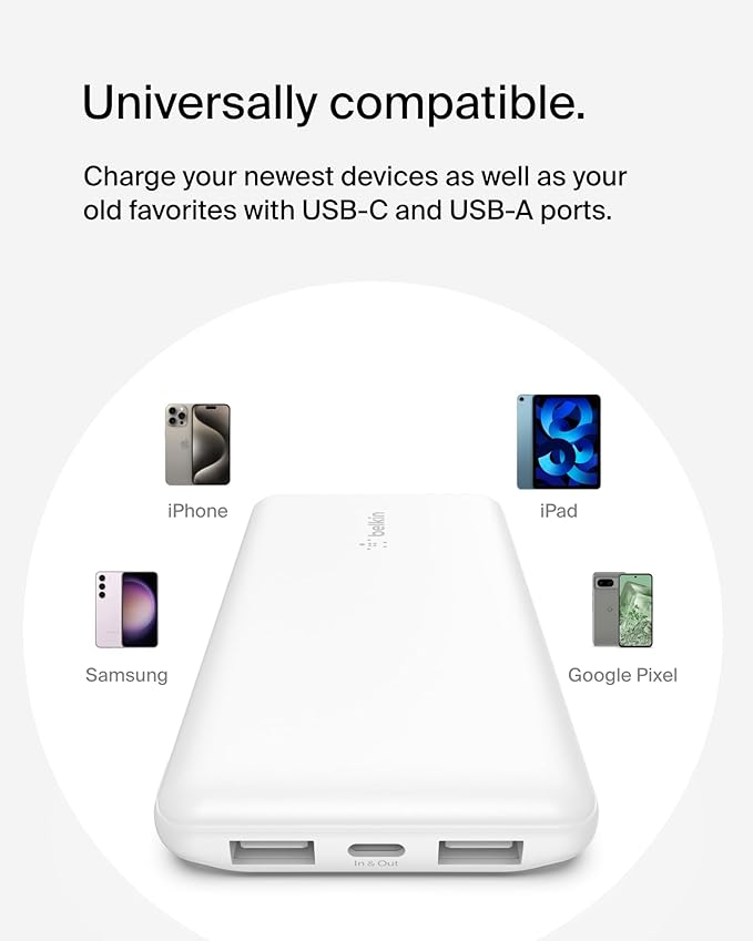 Belkin Portable Charger, USB-C Power Bank 10000 mAh w/ 1xUSB-C Port & 2xUSB-A Ports, 15W w/Type-C to Type-A Cable for iPhone 17, Samsung Galaxy S25, Nintendo Switch 2, Google Pixel 10, etc. - White