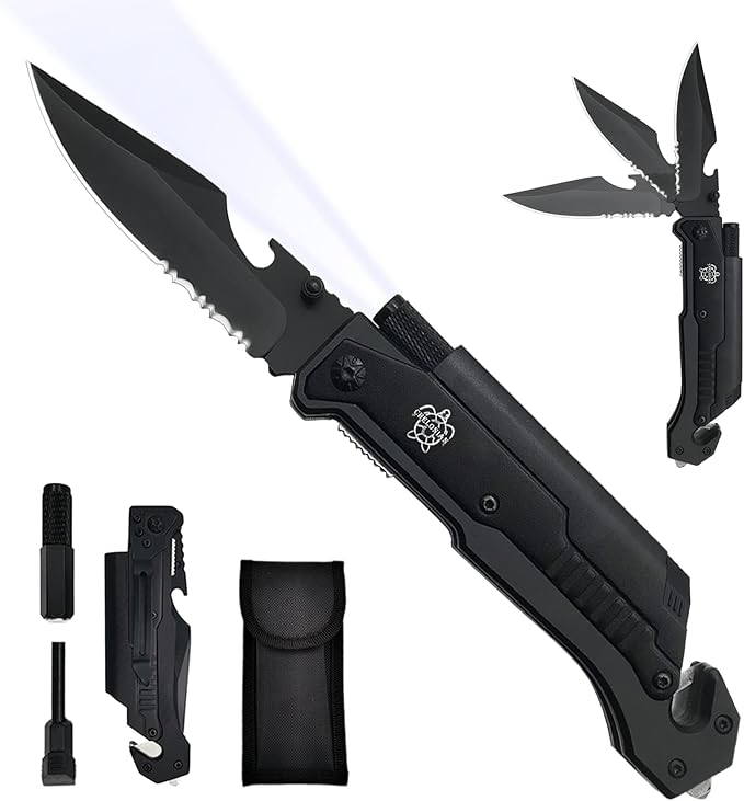 8.5" Military Outdoor Hunting Camping Pocket Knife, 7 in 1 Multi-Function Folding Knives with Fire Starter LED Light Seatbelt Cutter Glass Breaker Bottle Opener Tactical Blade (Black)
