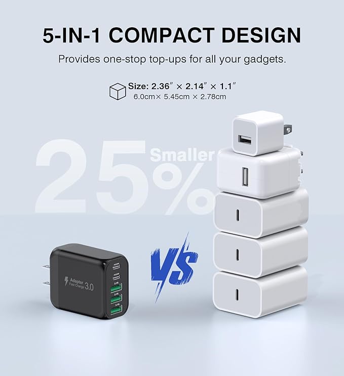 [2-Pack]50W USB C Wall Charger Block, 5-Port C Charger Fast Charging Block PD Power Adapter +QC 3.0 Multiport Type C Box Brick Cube USB A Wall Plug for iPhone 16/15/14/13 Pro Max,Samsung Galaxy(Black)