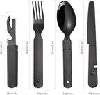 Portable Silverware Black Flatware Camping Cutlery Stainless Steel Spoon Fork Knife and Bottle Opener 4 Pieces Utensil Outdoor Travel Foldable Easy to Clean