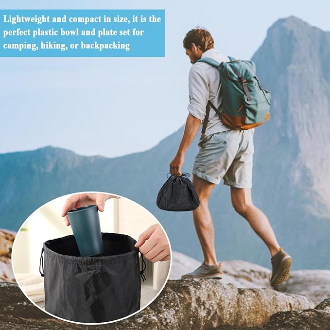 Camping Mess Kit for 2 with Bowl, Plate, Cup, Spoon, Fork, Knife and Carry Bag, Plastic Camping Accessories Essentials Gear for Couple Travel, Picnic, Outdoor, Easy to Carry