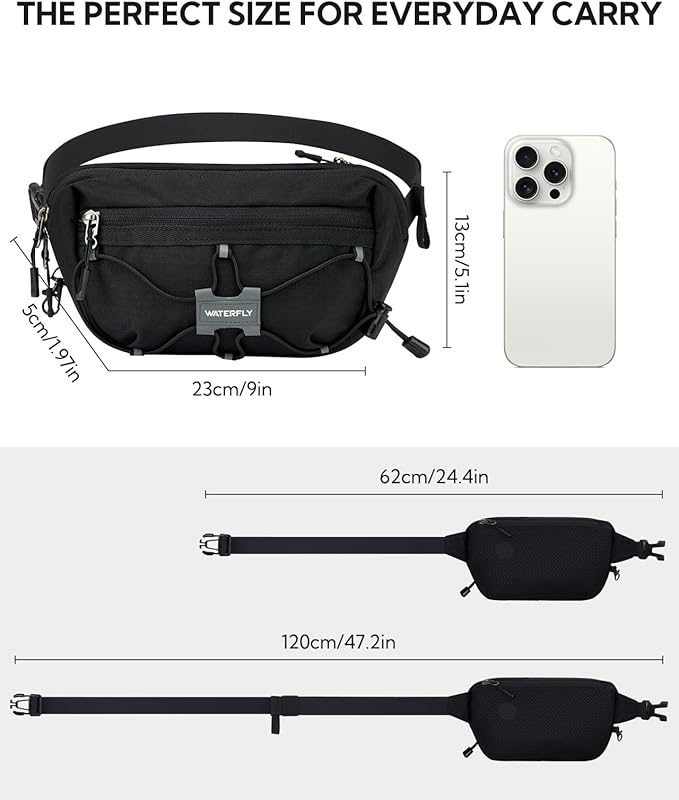 WATERFLY Lightweight Small Fanny Pack: 1.5L Mini Slim Crossbody Waist Belt Hip Bag with RFID Blocking, Anti-Theft & Water Resistant Pouch for Women Men Travel Hiking Running Walking EDC