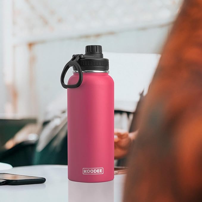 koodee Insulated Water Bottle, 32oz Stainless Steel Double Wall Vacuum Wide Mouth Sport Bottle with Leakproof Spout Lid (Pink Red)