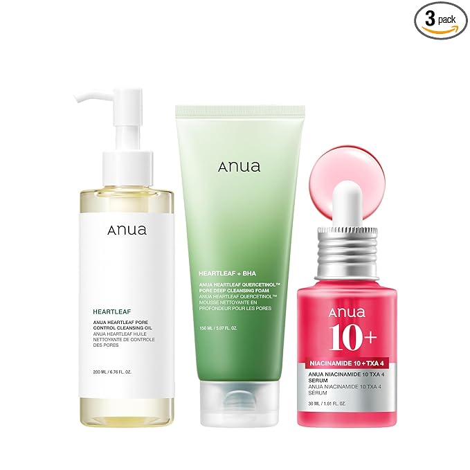 Anua 3-Step Glass Skin Beginner Set, Oil Cleanser and Face Wash with Facial Serum, Double Cleansing Daily Routine with Niacinamide, Korean Skin Care Set