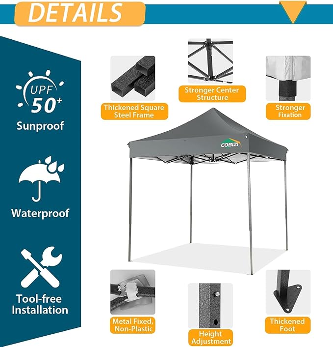 COBIZI 6.6x6.6 Pop Up Canopy Without Sidewall,Heavy Duty Canopy UPF 50+ All Season Wind Waterproof Commercial Outdoor Party Tents for Parties Canopy Gazebo with Storage Bag(6.6 x 6.6 ft Gray)