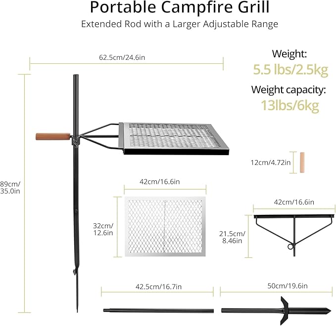 Swivel Campfire Grill Grate, Height 35", 360° Adjustable Heavy Duty Steel Campfire Grill with Insulated Wooden Handle, Portable Fire Pit Cooking Grate, for Camping Outdoor BBQ Cooking Open Fire