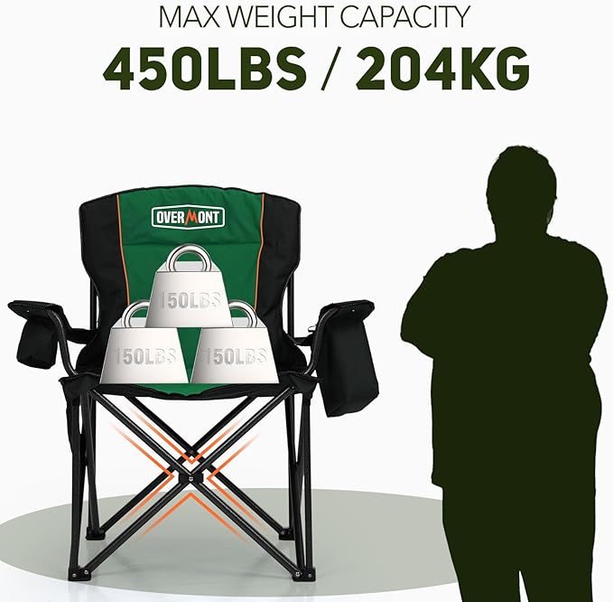 Overmont Oversized Folding Camping Chair - 450lbs Support with Padded Cushion Cooler Pockets - Heavy Duty Collapsible Chairs for Sports Garden Beach Fishing