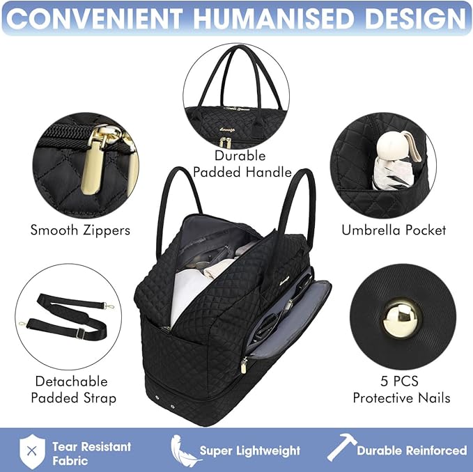 Initial Travel Duffle Bag for Women - Black Personalized Weekender bags Overnight Bag with Shoe Compartment & Wet Pocket Weekend Tote Bags with Toiletry Bag Monogram Christmas Gift (Letter E)