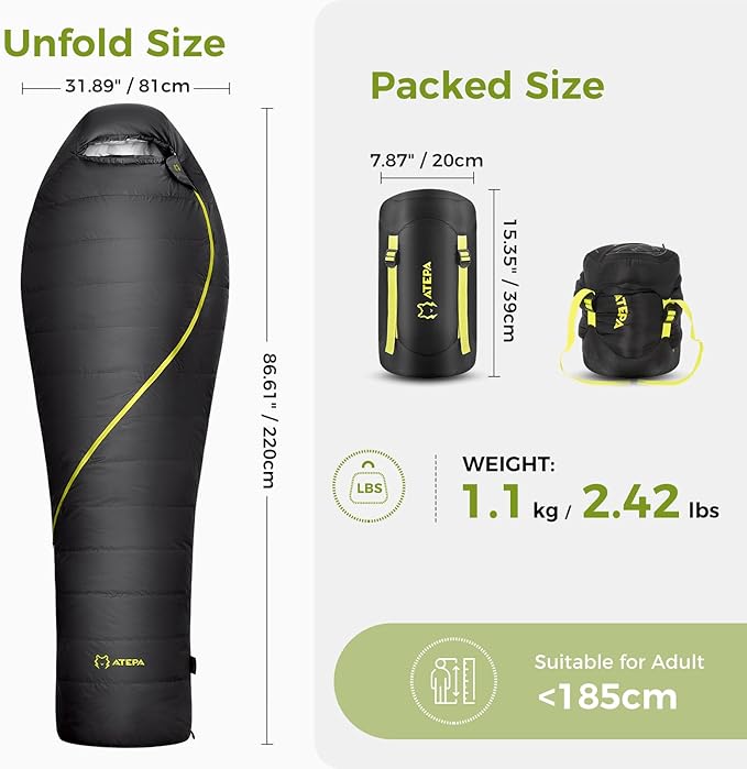 ATEPA Synthetic Mummy Sleeping Bag for Adults, Lightweight Cold Weather Compact Packable Waterproof Sleeping Bag with Compression Sack for Backpaking Hiking Camping
