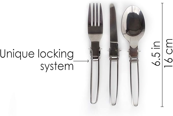 3-Piece Compact Camping Silverware & Utensil Set – Portable Cookware Kit for Hiking, Backpacking, Travel, BBQ & Grilling – Folding Reusable Stainless Steel Knife, Fork & Spoon in Tidy Black Bag