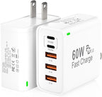 2Pack USB C Fast Charger Block, 60W 5-Port USB C Wall Charger 30W Type C Charging Block, 2USB C+3USB A PPS/PD 3.0 Multiport Charging Cube for iPhone 17 16 15 14 Pro Max,for Galaxy S25 S24 Ultra, i Pad