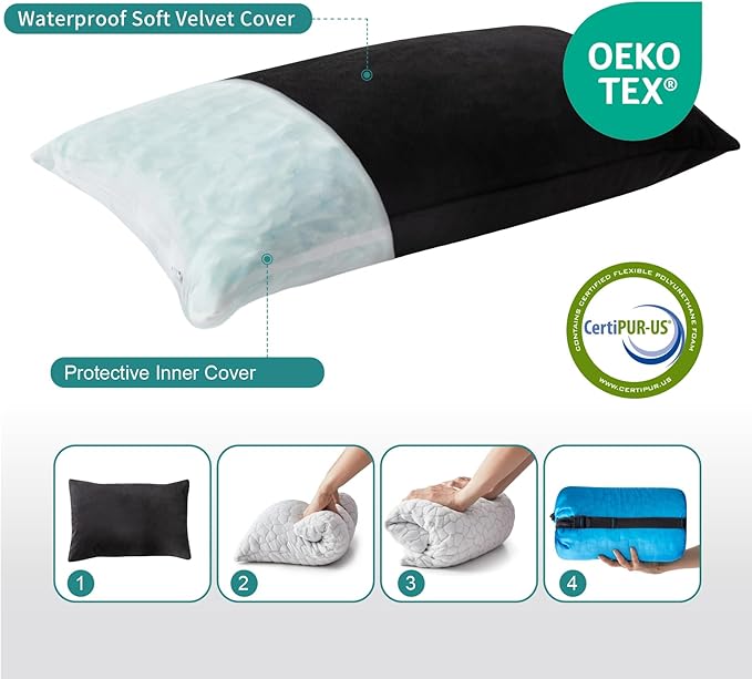 Small Shredded Gel Memory Foam Pillow，Adjustable for Contoured Support -Portable Ideal for Backpacking, Camping, Travel, Car, Airplane,Office Nap