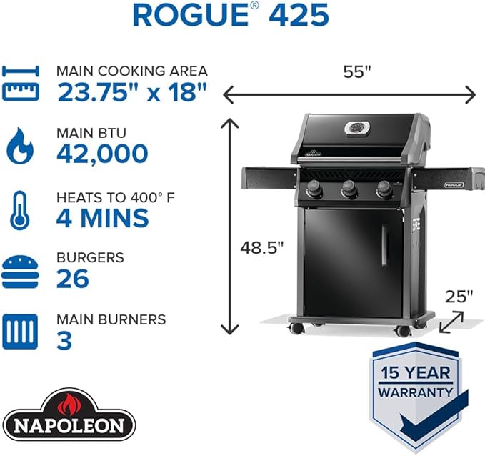 Napoleon Rogue 425 Natural Gas Grill, Black, Durable 3-Burner Outdoor BBQ