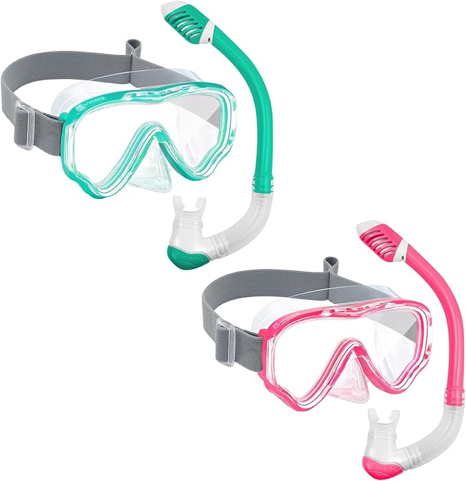 Vvinca Snorkeling Gear for Kids Dry Top Kids Snorkel Set for Boys Girls Junior Youth Children Age 4-14 Swim Goggles with Nose Cover Anti-Fog Panoramic View Adjustable Elastic Diving Mask and Snorkel