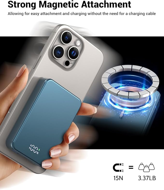 Magnetic Power Bank 26800mAh for Magsafe Portable Charger, Aluminum Alloy Large Capacity 20W USB-C in&Out Wireless Fast Charging for iPhone 17/16 Plus Pro Max/15/14/13/12 Series, Blue