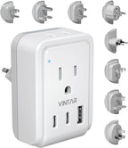 VINTAR Universal Travel Adapter Kit, International Power Adapter with 3 USB Ports(2 USB C) and 2 AC, Type A,B,C,D,E/F,G,I,M Detachable Attachments, Adapter for India/South Africa/Europe/UK