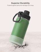 koodee 12 oz Water Bottle Stainless Steel Vacuum Insulated Wide Mouth Water Flask with Leakproof Spout Lid, Reusable Metal Water Bottle for Boys BPA Free(Grass Green)