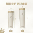 Coolflask Water Bottle 32 oz Fits Car Cup Holder, Slim Tumbler Stainless Steel with Straw & Handle, Vacuum Flask Leakproof Wide Mouth for Travel Sports Gym, Cream White