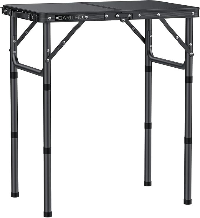 GARLLEN 2ft Folding Camping Table, 3 Adjustable Height Lightweight Folded Picnic Table, Portable Aluminum Grill Table for Camping, BBQ, Outdoor, 22.8" L x 15.7" W, Black