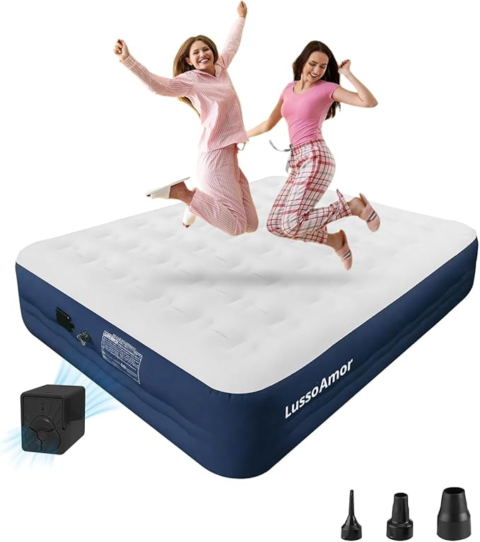 Queen Air Mattress wit with 1300mAh Battery Powered Pump,18"Raised Super soft and comfortable Dutch velvet fabric750lbs Support Portable Inflatable Mattress,Air Bed for Camping, Home and Guest-Blue