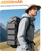 SOARAISE Solar Charger Power Bank - 48000mAh Wireless Portable Charger Built-in 4 Cables and 4 Solar Panels, PD QC 3.0 Fast Charging USB C Battery Pack with Flashlight for Camping Travel (Black)