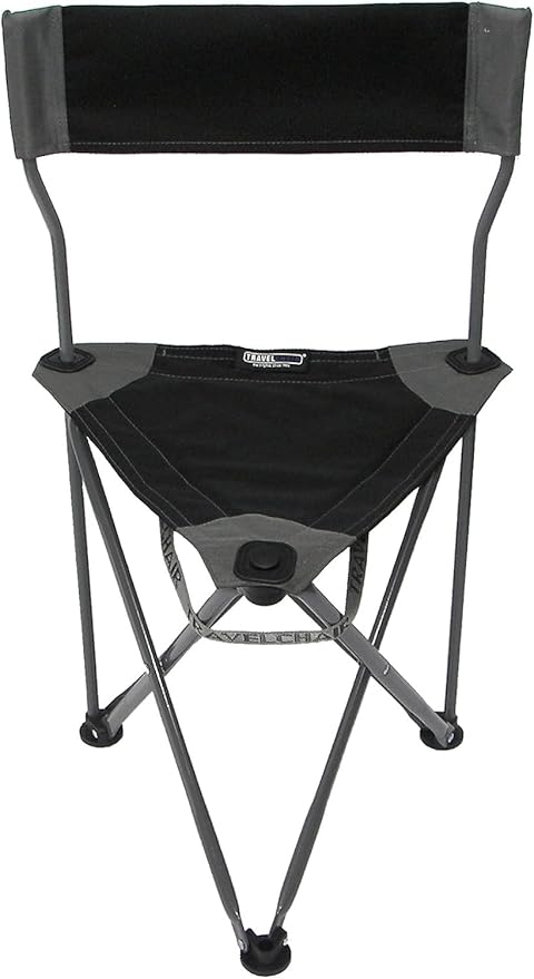 Travel Chair Ultimate Slacker, Quick Folding Tripod Stool with Backrest, Fishing Camping Hiking Chair with Carry Strap, Polyester, Black