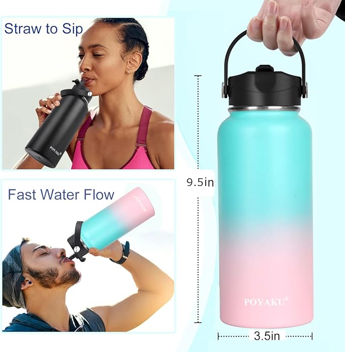 Water Bottle Insulated 32oz 40oz 64oz 128oz Straw Lid Spout Lid & 3 Lids, Leak Proof, Vacuum Insulated,Stainless Steel Water Bottle Wide Mouth for Sports, Gym or Office