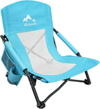 Oileus Low Beach Chair for Beach Tent/Shelter & Camping/Outdoor Ultralight Backpacking Folding Recliner Chairs with Cup Holder/Storage Bag, Carry Bag, Breeze Mesh Back, Compact Duty 1 Pcs Chair