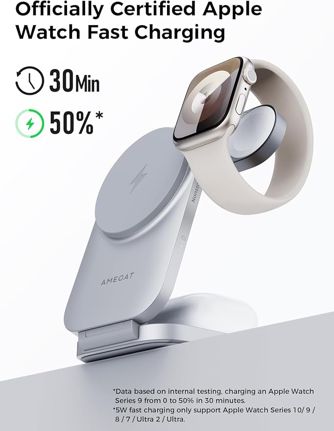 MagFusion Z 3-in-1 Charging Station Compatible with MagSafe, 15W Wireless Charger Foldable Qi2 Certified, Magnetic Charger for iPhone 17/16/15/14/13/12, AirPods 4/3/2/Pro, Apple Watch, Silver