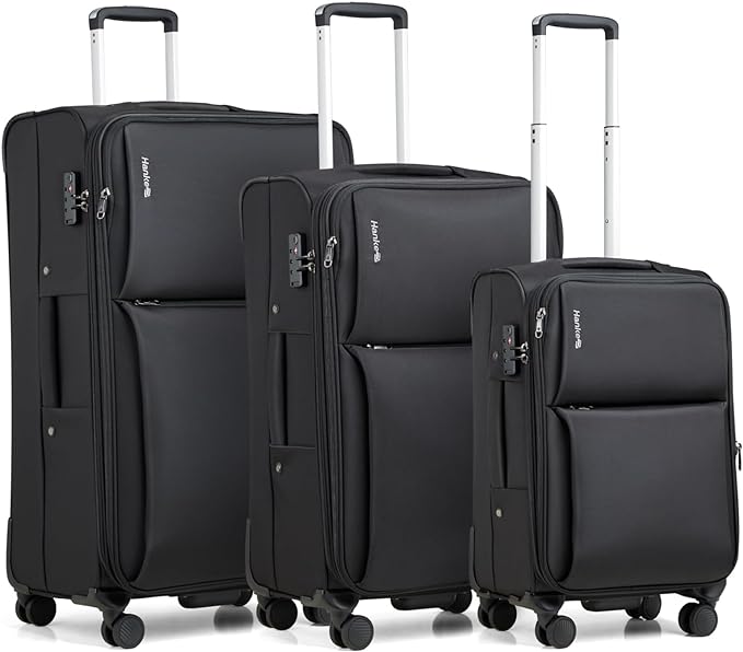 Hanke 3 Piece Luggage Sets Softside Expandable Carry On Luggage Set Travel Suitcase Sets with Spinner Wheels TSA Approved Luggage(Black, 20in/24in/28in)