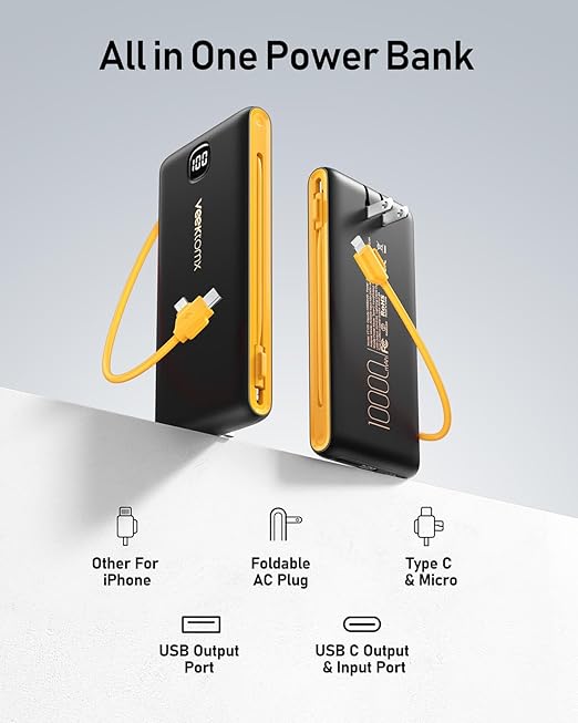 VEEKTOMX Portable Charger with Built in Cables 10000mAh, Power Bank for iPhone with Wall Plug, Travel Essential Fast Charging USB C Slim External Battery Pack for iPhone 17/16/15, Samsung, iPad, etc