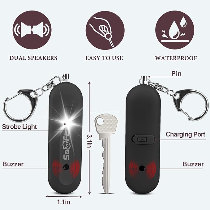 Personal Safety Alarm - Waterproof Rechargeable Security Alarm - 140dB Extra Loud Siren & Strobe Light - Self Defense Keychain - Gift for Women, Teenagers, College Girls, Seniors (Black+Black)