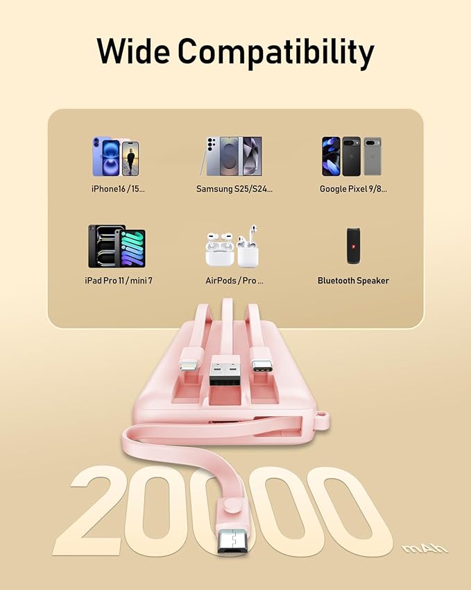 VEEKTOMX Portable Charger Built-in Cables, 20000mAh Power Bank for iPhone, Fast Charge USB C Battery Pack Travel Essentials Powerbank Compatible with iPhone 17/16/15/14, Samsung S25/24, Android, etc